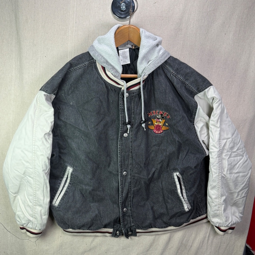 Vintage Disney‎ Mickey Mouse Hooded Varsity Jacket Black Denim XL Bomber